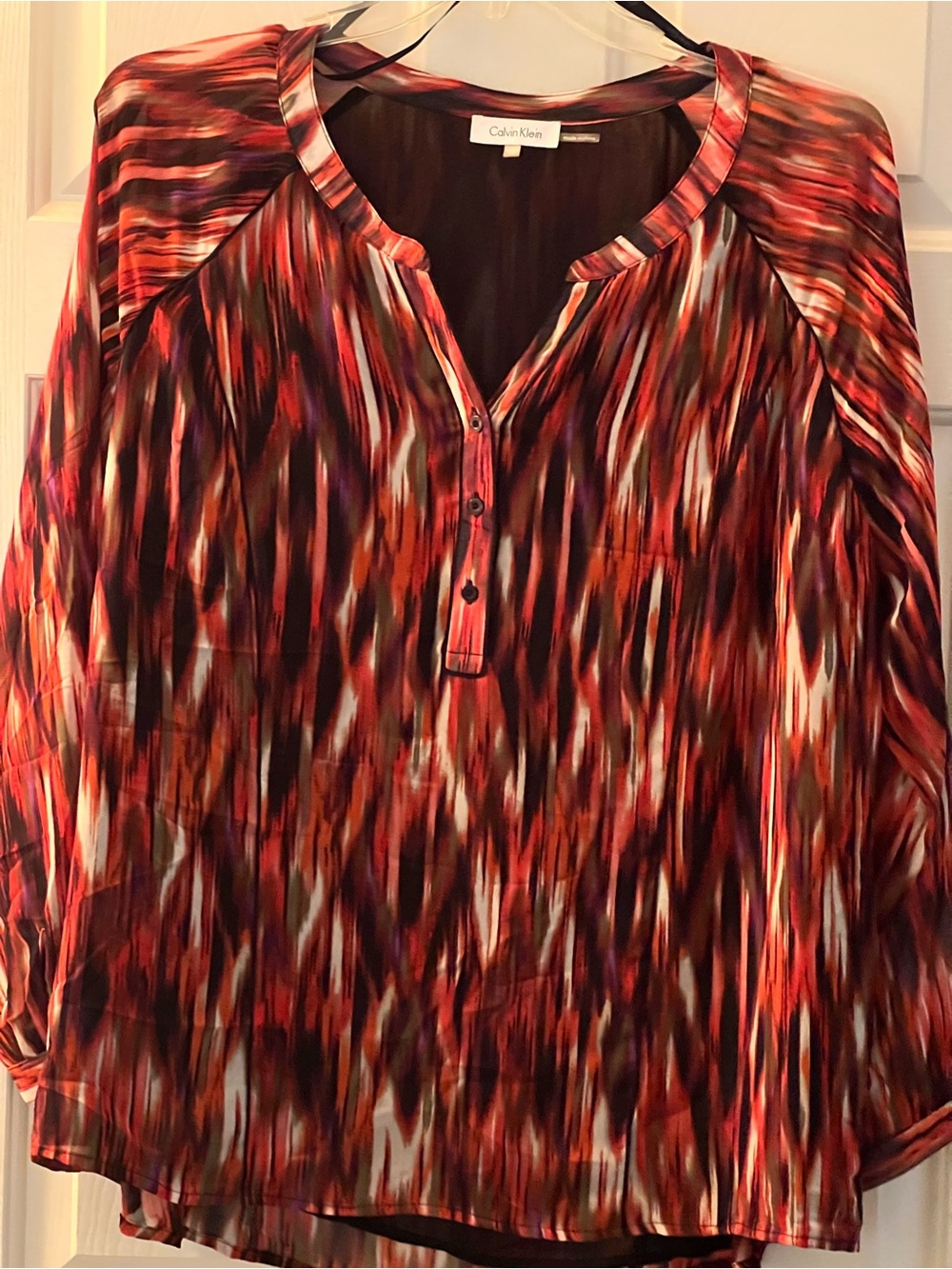 Calvin Klein Abstract Print Blouse Red Burgundy 3/4 Sleeve